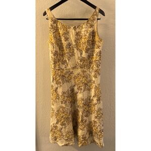 Ann Taylor LOFT Floral Linen Dress Women's Size 14 Sleeveless Tan Yellow‎ Retro